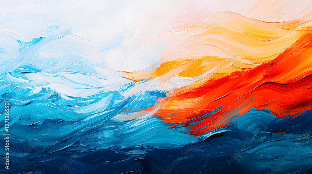 Poster a vibrant abstract painting featuring swirling waves in shades of blue and fiery orange, creating a 