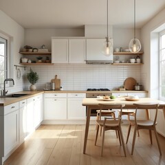 Fototapeta premium Minimal, clean Scandinavian kitchen design with white cabinets, light wood table, chairs. Bright interior features modern lighting, tile backsplash, wood floor. Window offers natural light. Home