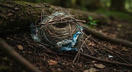 Abandoned Bird Nest with Plastic Waste on Forest Floor