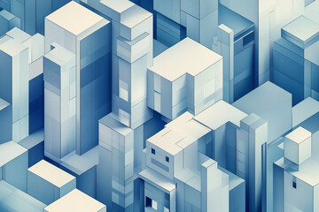 Geometric isometric shapes in neutral grays and blues with clean modern lines. Represents structure, professionalism, and design for property sales or architecture firms