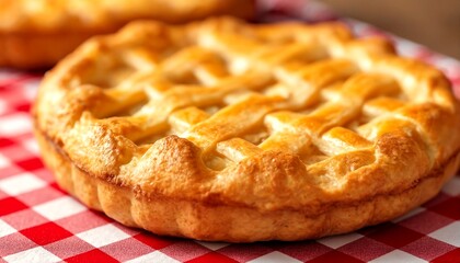 A close-up of two golden-brown pies on top of red and white checkered tablecloths.