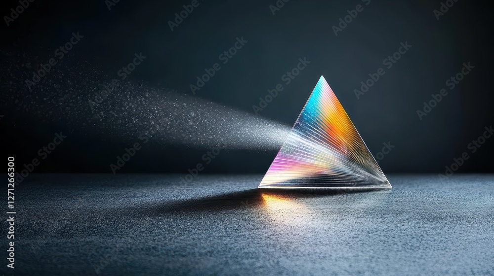 Poster a holographic projection of a rotating triangular prism, with beams of light refracting and creating