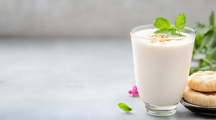 A creamy milk-based drink with fresh mint and crunchy nuts, accompanied by golden pastries. A perfect blend of freshness and indulgence for health and food-related content. Selective focus