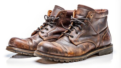 Worn Leather Boots on White Background