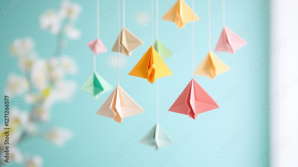 Poster a colorful origami mobile with various triangular shapes suspended from delicate threads, creating a