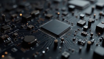 Detailed close-up of dark computer motherboard. Features electronic circuit board, AI tech hardware, minimalist concept. Microchip system with precise connections, silicon structure. Engineering of