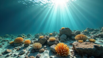 Obraz premium Split-view of a vibrant coral reef underwater and a tropical coastline above 