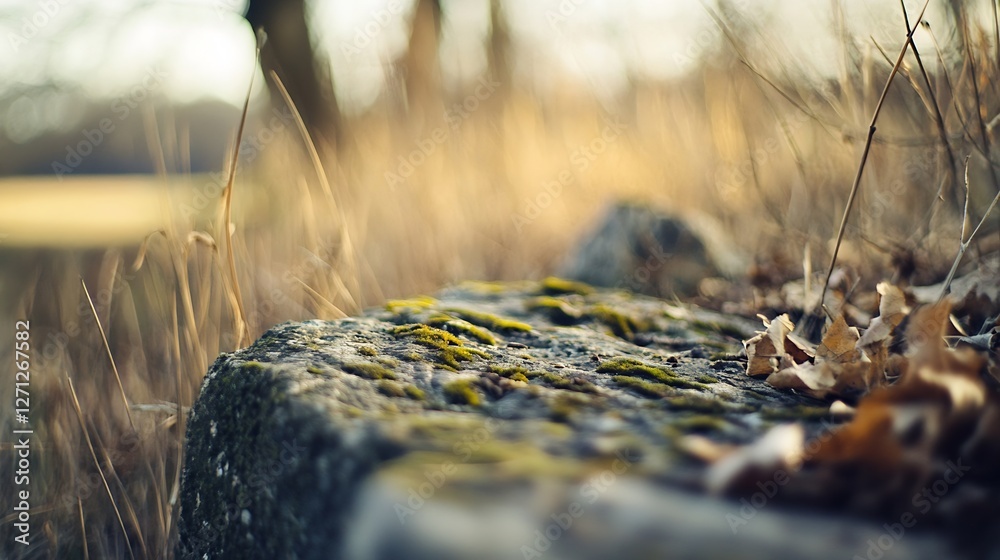Poster close up of a moss covered stone surrounded by dried grass in a serene natural setting : generative 