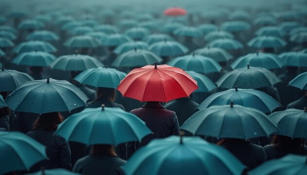 Single red umbrella stands out in crowd of blue umbrellas. Vivid contrast of colors uniqueness, individuality, difference. Strong metaphor for leadership, unique, not like everyone else.