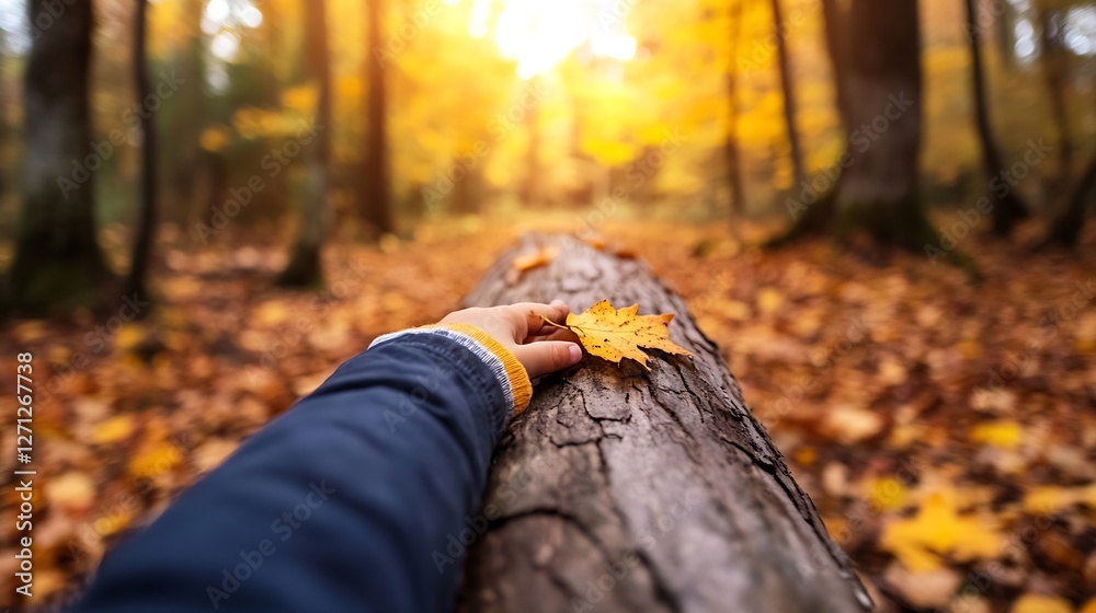 Poster a hand gently touching a vibrant autumn leaf resting on a log illuminated by warm golden sunlight : 