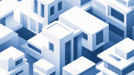 Geometric isometric shapes in neutral grays and blues with clean modern lines. Represents structure, professionalism, and design for property sales or architecture firms