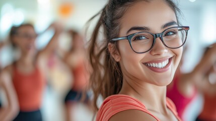 Myopia prevention with a woman wearing glasses participating in a Zumba class. Fitness, wellness, and eye health