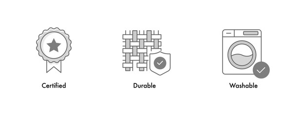 Certified, Durable, and Washable Product Icons. Quality Assurance and Care Feature Icons. Product Feature Highlights Icon Set. Editable Stroke Icons.