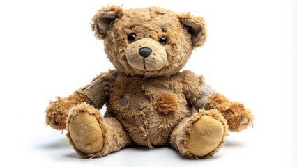 Worn Teddy Bear on White Background