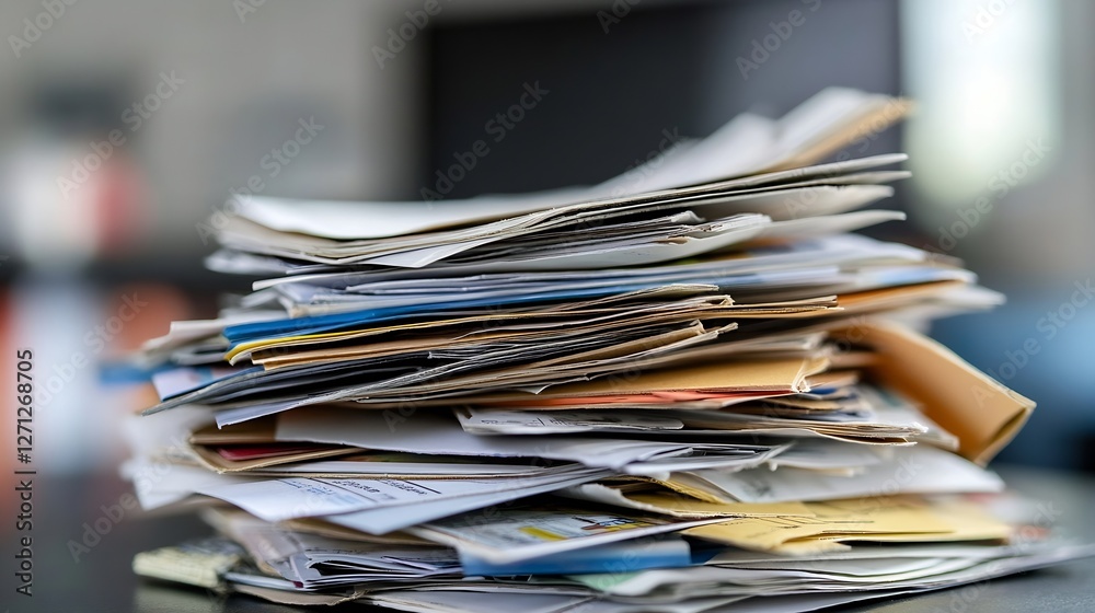 Poster Messy pile of assorted papers and documents stacked on modern office desk : Generative AI
