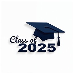 Class of 2025 text with graduation cap on white background with shadow effect. Elegant typography design for banner. Concept of celebration, achievement, academic milestone, diploma, success,