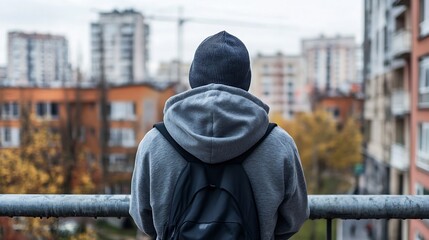Reclusive Person in Gray Hoodie Gazing Over Urban Landscape From Balcony Creating a Melancholy Atmosphere : Generative AI