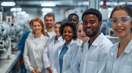 Fototapeta premium Group of scientists in lab coats working together in research facility portrait image. Diverse teamwork, innovation picture photorealistic. Scientific profession concept photo realistic