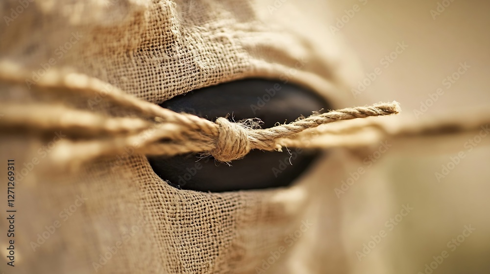 Fototapete close up of a rustic cloth with twisted rope tied around a hidden object : generative ai