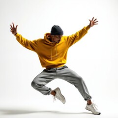 Obraz premium Male dancer wearing street clothes performing isolated on white background. Man in yellow hoodie and gray sport pants in dynamic jump pose. Urban hip hop breakdance style modern art.
