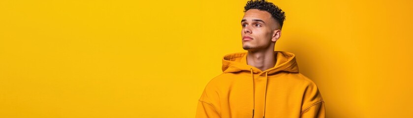 Fototapeta premium Sports Apparel Concept, A young man in a bright yellow hoodie gazes upwards against a matching yellow background, exuding a sense of optimism and style.