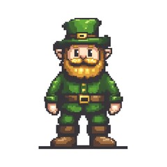 Fototapeta premium A leprechaun character in vibrant green clothes stands confidently. Its round face and distinct beard radiate joy, capturing a playful fantasy vibe in pixel art style.