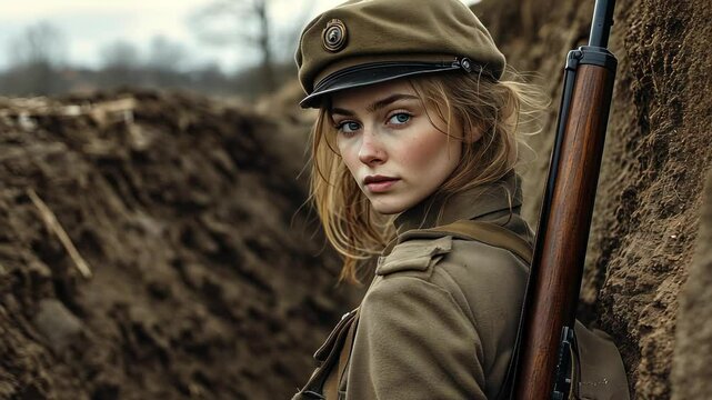 A young woman in a World War I military uniform stands in a muddy trench, her rifle resting on her shoulder. She looks determined as wind tousles her hair, evoking the hardships of war.
