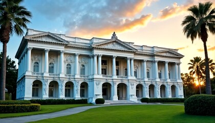 Obraz premium a white building with columns and archways, surrounded by palm trees and greenery.