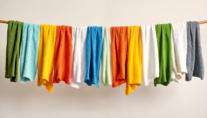 Naklejka premium A collection of colorful towels hanging on a clothesline against a beige wall.