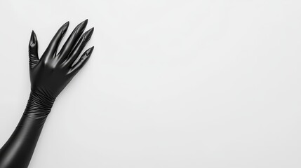 Black gloved hand against a plain white background