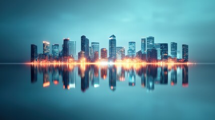 Fototapeta premium A waterfront cityscape at twilight, with the city lights reflecting on the water surface, creating a mesmerizing interplay of light and shadow.