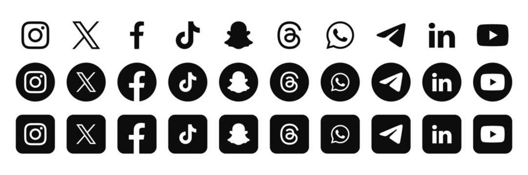 Social Media Logo Icon Instagram, Facebook, Twitter X, TikTok, Snapchat Apps Round Square Button Set. Popular Social Network Icon Collection Vector Illustration
