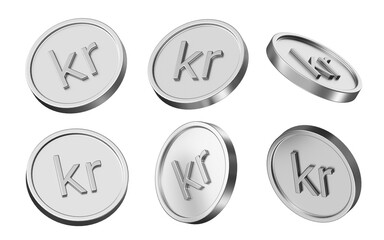 krone currency 3d illustration. set of coins in different view. 3d rendering of metallic coins for business and finance