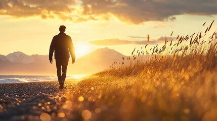 A lone figure walking along a beach path at sunset, their silhouette cast against the golden light, with the ocean shimmering in the background.