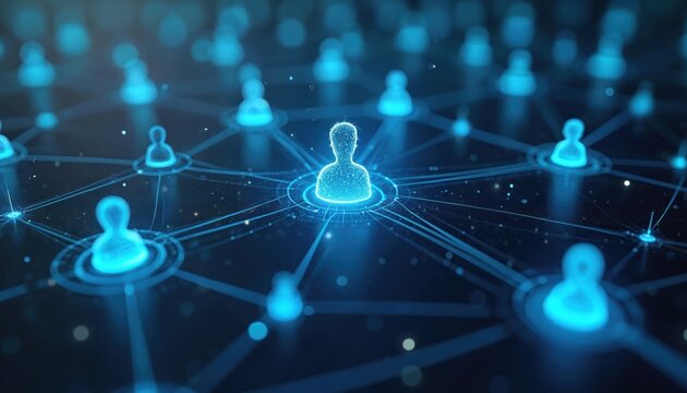 Customer Relationship Management systems represented by glowing network of people icons. System manages customer data using AI, automation. Connect clients, enhance relationships using digital - Powered by Adobe