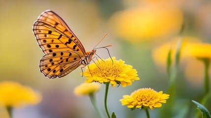 Obraz premium Beautiful orange butterfly perched delicately on bright yellow flowers in a serene garden setting : Generative AI