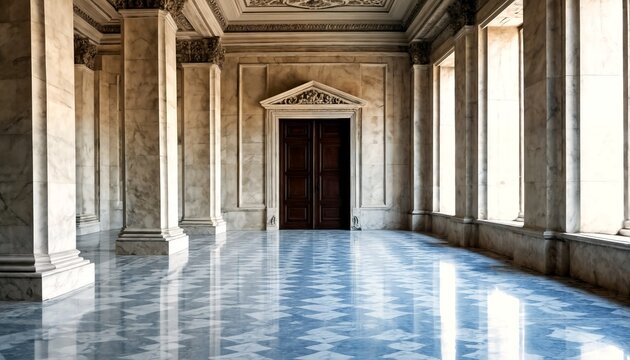 A marble hallway with columns and a doorway at the end.