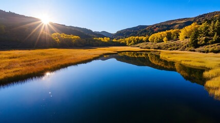 Obraz premium Stunning mountain landscape reflecting in calm waters during a vibrant autumn sunrise : Generative AI