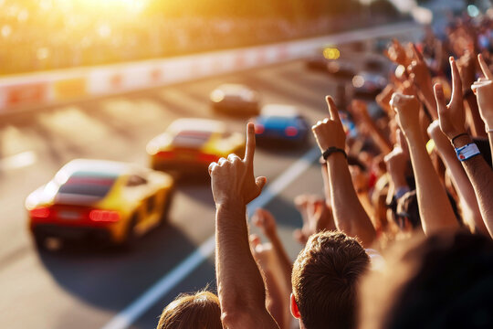 Excited crowd cheering at a thrilling car race during sunset