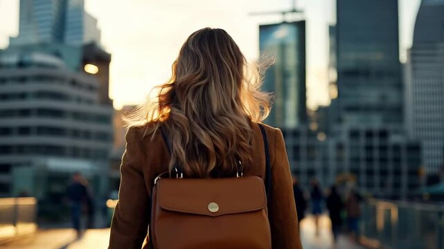 Businesswoman walking to work in the city during sunrise with a stylish backpack