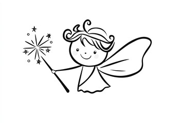 Cute cartoon little fairy with a magic wand outlined for coloring on white background.
