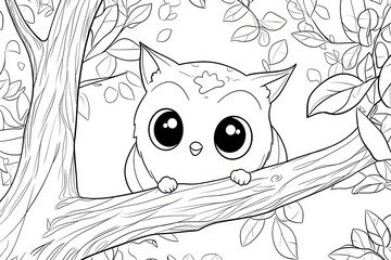 Cute kawaii cartoon character owl on the tree coloring page.
