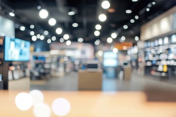 Blurry view of a modern retail electronics store with display screens