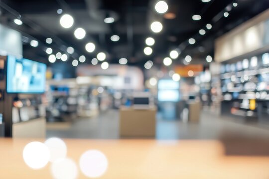 Blurry view of a modern retail electronics store with display screens