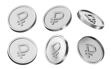 ruble currency 3d illustration. set of coins in different view. 3d rendering of metallic coins for business and finance