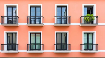 Fototapeta premium Coral Building Facade With Symmetrical Windows and Balconies