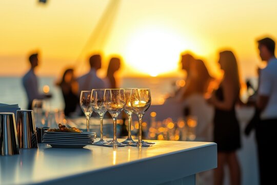 Elegant sunset cocktail party with guests enjoying drinks on a yacht