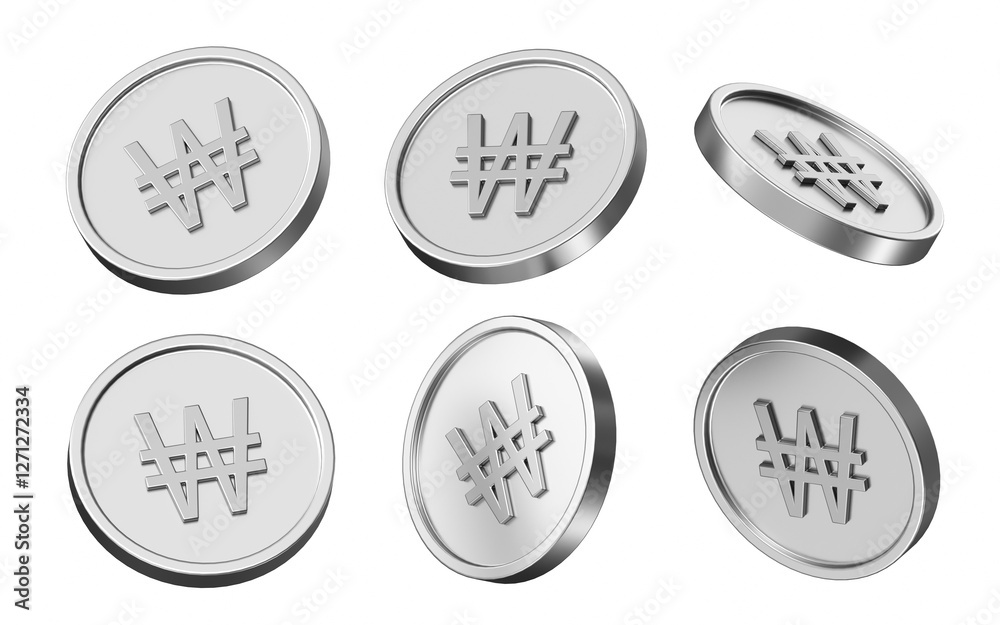 Poster won currency 3d illustration. set of coins in different view. 3d rendering of metallic coins for bus