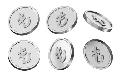 lira currency 3d illustration. set of coins in different view. 3d rendering of metallic coins for business and finance