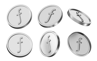 guilder currency 3d illustration. set of coins in different view. 3d rendering of metallic coins for business and finance